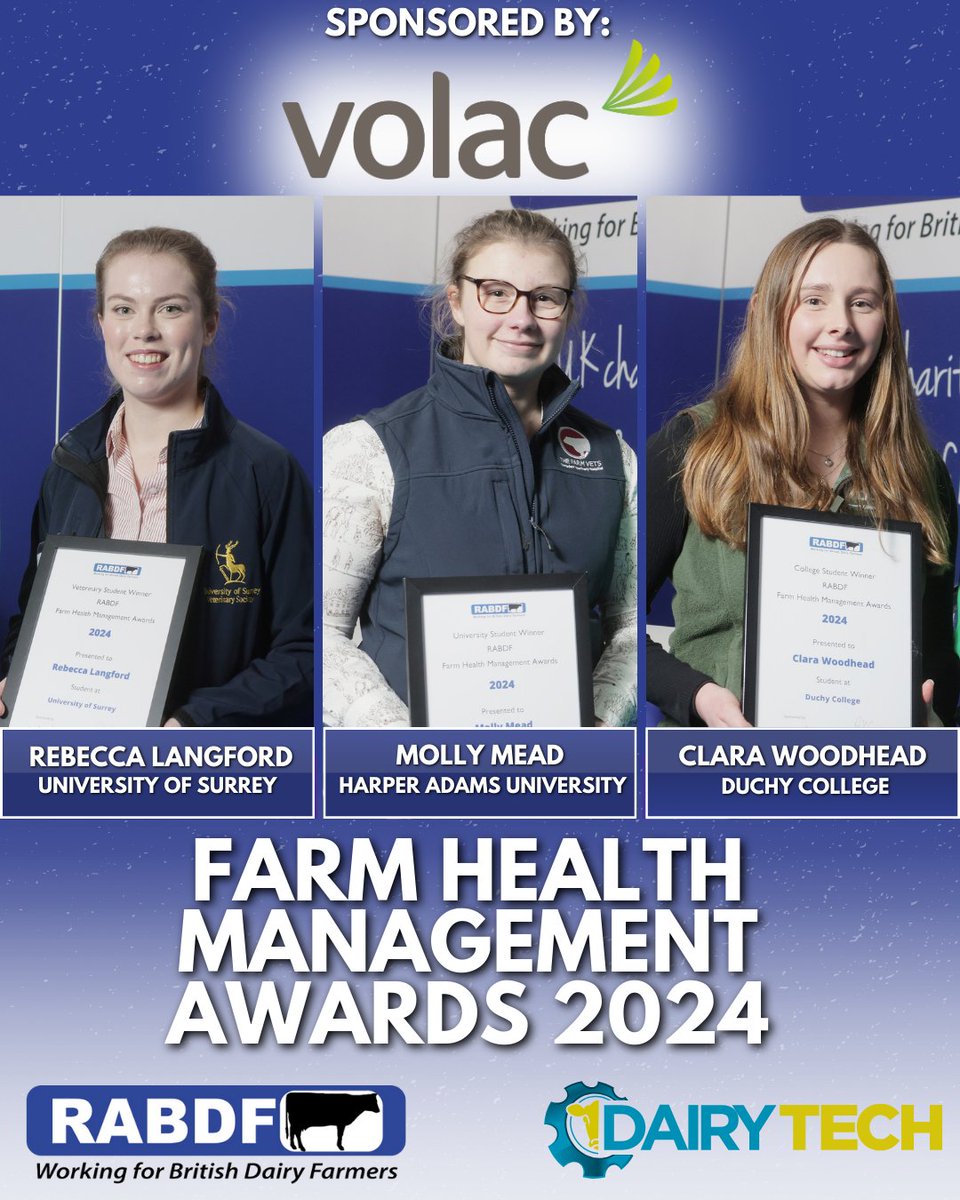 Students from Surrey University, Harper Adams University and Duchy College came out on top in this year’s RABDF’s Farm Health Management Awards, sponsored by Volac. Find out more here: rabdf.co.uk/latest-news/20… Or by following the link in our bio! #rabdf #dairytech2024 #volac