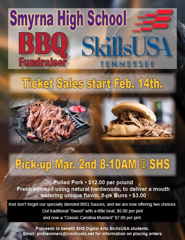 SHS-DigitalArts (@shs_digitalarts) on Twitter photo It’s that time again, BBQ Sales have started. Contact me through school email to place an order. #onlyoneshs <a href="/SmyrnaBulldog/">Smyrna Bulldog</a> <a href="/SHS_CTE/">Smyrna High CTE</a> <a href="/RuCoCTE/">RuCo CTE</a> <a href="/rucoschools/">Rutherford County Schools</a> It’s that time again, BBQ Sales have started. Contact me through school email to place an order. #onlyoneshs <a href="/SmyrnaBulldog/">Smyrna Bulldog</a> <a href="/SHS_CTE/">Smyrna High CTE</a> <a href="/RuCoCTE/">RuCo CTE</a> <a href="/rucoschools/">Rutherford County Schools</a>