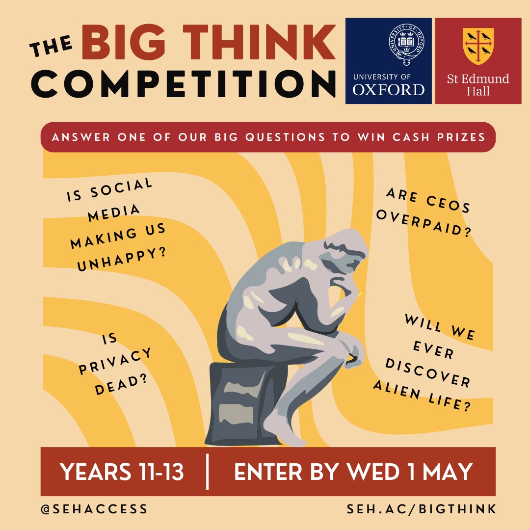 📢The Big Think Competition is now OPEN!📢
Tackle one of our Oxbridge academics’ big questions for a chance to win one of our top prizes!
For the full list of questions and how to enter, go to seh.ac/bigthink
Good luck! 🤞
#oxford #oxbridge #UCAS #personalstatement