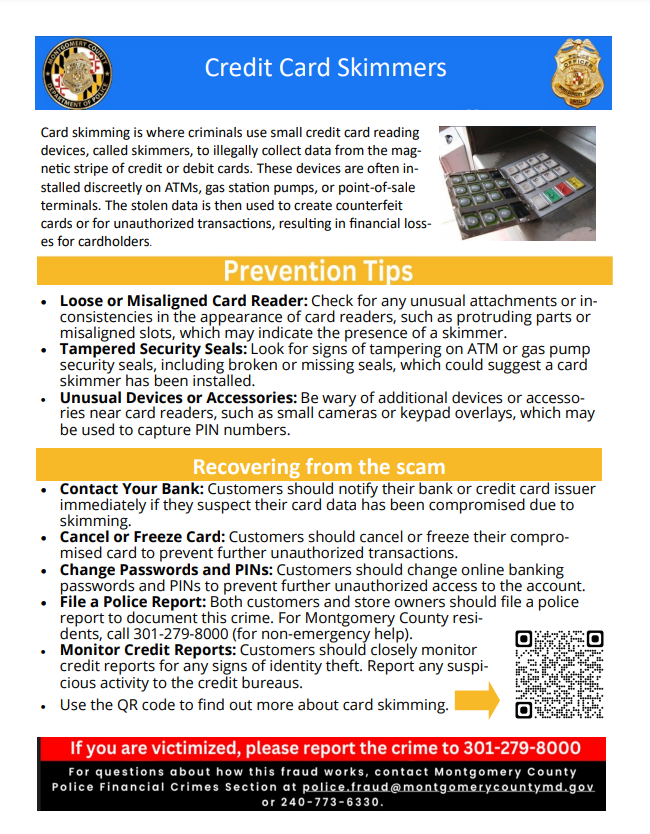 mcpnews's tweet photo. Detectives from the #MCPD-Financial Crimes Section are urging residents to be aware of credit card skimmers.

Keep an eye out for loose or misaligned card readers, tampered security seals, &amp; any unusual credit card devices or accessories.

#MCPNews #CreditCardSkimmers #StayAlert https://t.co/90NXXIgzOS
