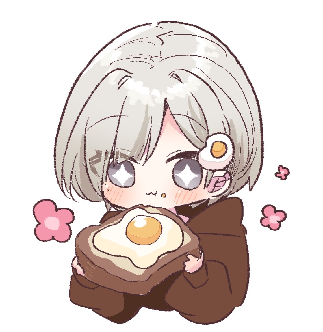 1girl fried egg food solo egg (food) hood grey hair  illustration images