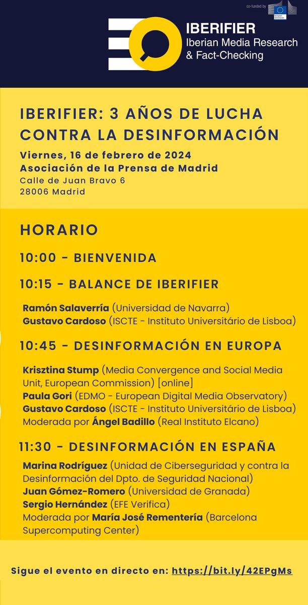 Este viernes damos cuenta de tres años de investigación, fact-checking y alfabetización mediática. ¡Tres años de IBERIFIER!
Acompáñanos online en el evento de presentación de resultados que celebramos en <a href="/aprensamadrid/">APM</a>.

🗓️Viernes, 16 feb.
🕙10:00 am CET
➡️youtube.com/live/0-33l21lz…