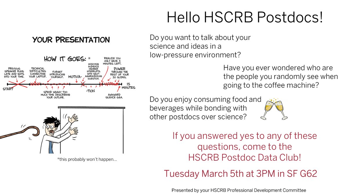 All HSCRB #postdocs are invited to join the first ever postdoc-only Data Club on 3/5! This seminar series aims to promote and enhance #scicomm, discussion, and peer-to-peer support among postdocs from project initiation to completion.