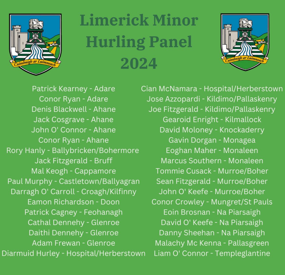 Limerick Minor Hurling Panel for 2024: The Limerick Minor hurling manager Shane Dowling and his management team has released their 2024 hurling Panel, All in Limerick GAA would like to wish all involved with the minor hurling team the very best for 2024
