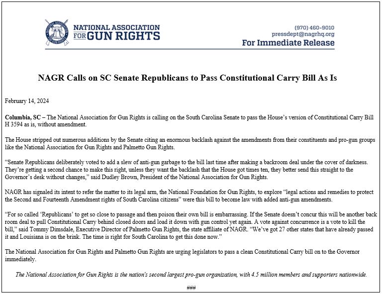 FOR IMMEDIATE RELEASE: @scsenategop 
#scleg #sctweets #scpol #constitutionalcarry