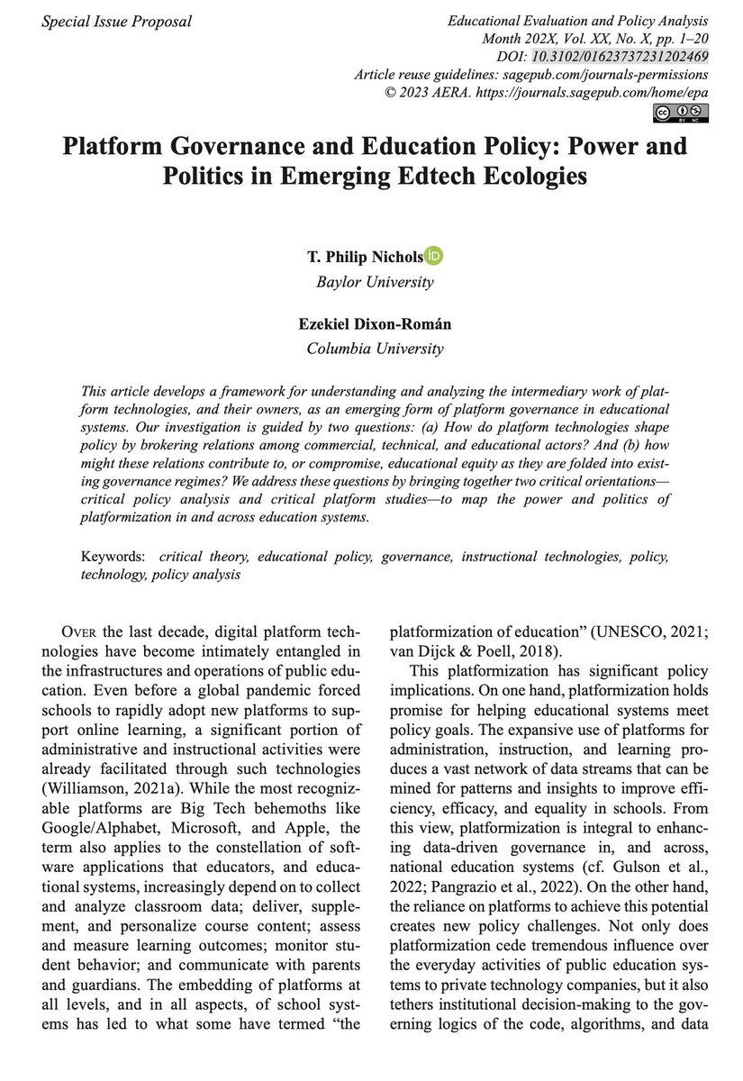 Excited to share my new OA article with @EDixonRoman in @EEPAjournal. We theorize 'platform governance' as a way to understand how platform technologies are remaking existing governance regimes in education and the implications for educational equity. journals.sagepub.com/doi/10.3102/01…