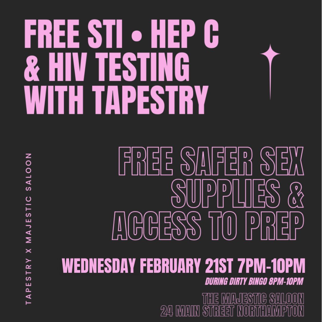 Tapestry will be at The Majestic Saloon in Northampton Wed. Feb. 21st from 7PM-10PM before Dirty Bingo offering FREE STI, Hep C, and HIV Testing plus FREE safer sex supplies and access to PrEP. #harmreductionsaveslives #northampton