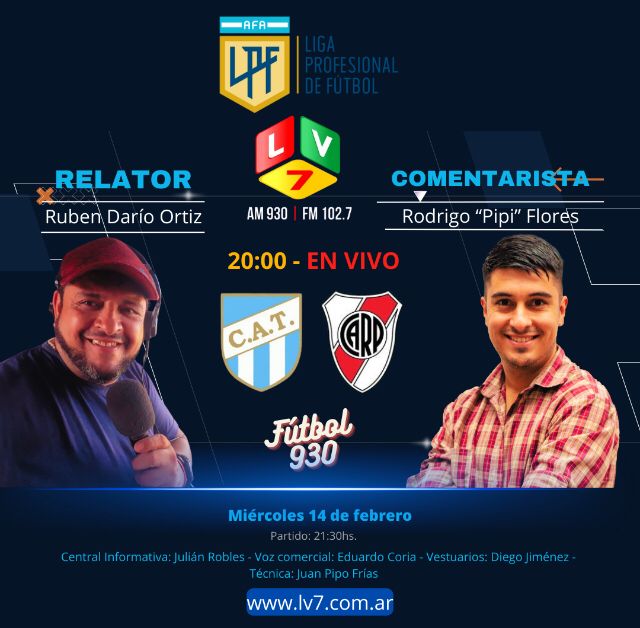 🏆Copa Sur Finanzas
📌Fecha 5 | Zona: A

Previa: ⏱️20:00hs
Partido: ⏱️21:30hs

Relata:
🎤Rubén Darío Ortíz
Comenta:
🎧 Rodrigo Flores
Vestuarios:
🎙️Diego Jiménez
Central informativa:
🖥️Julian Robles
Voz comercial:
🎙️ Eduardo Coria
Técnica: 
Juan “Pipo" Frías
