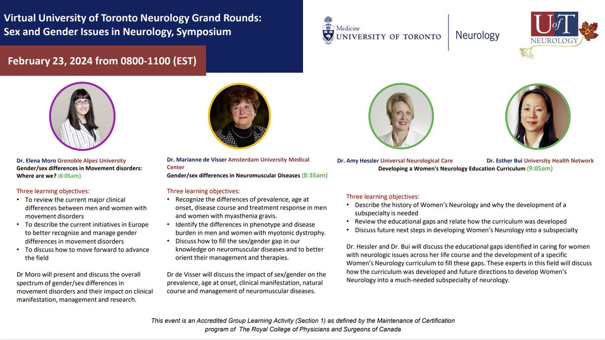 Excited to welcome visiting professors Dr. Moro, president-elect of the EAN, & Dr. De Visser, WFN - DEI subcommittee chair to U of T's Sex and Gender Issues in Neurology Symposium Fri Feb 23 8AM EST. Join us! us02web.zoom.us/meeting/regist…