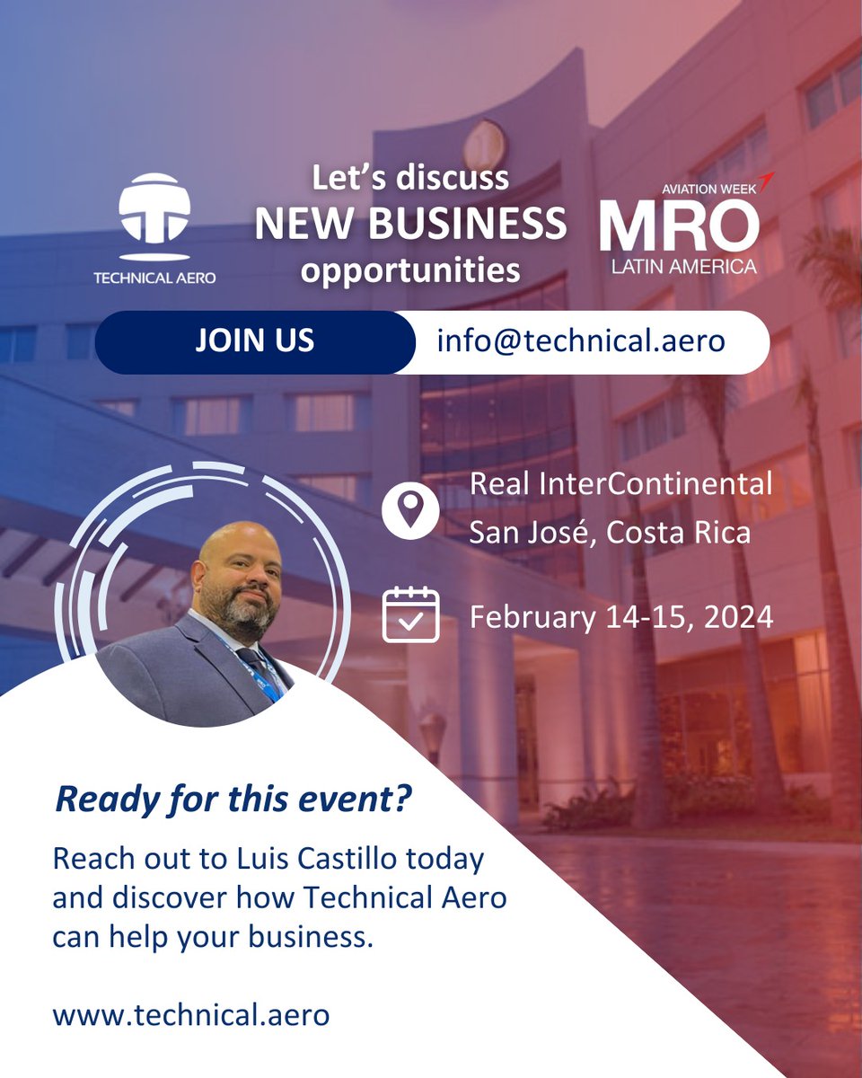 Technical Aero (@technical_aero) on Twitter photo #MROLATAM has started!!!
Luis Castillo is ready to brainstorm with you about the best solutions for your #MRO needs. Contact him at lcastillo@technical.aero l +1 (954) 716-9173.
#aviationweek #avweeksevents #aircraftservices #MROLATAM has started!!!
Luis Castillo is ready to brainstorm with you about the best solutions for your #MRO needs. Contact him at lcastillo@technical.aero l +1 (954) 716-9173.
#aviationweek #avweeksevents #aircraftservices