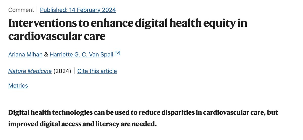 Very happy to share our commentary on improving digital health equity in cardiovascular care. Thank you to @hvanspall for your mentorship and the opportunity to work on this piece. rdcu.be/dyDpH