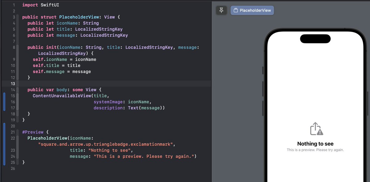 Thomas Ricouard (@dimillian) on Twitter photo With iOS 17 #SwiftUI provides a ContentUnavailablView, which is a built-in view to give an empty screen or an error message. I refactored Ice Cubes placeholder view to directly use it. Less code for me to maintain. With iOS 17 #SwiftUI provides a ContentUnavailablView, which is a built-in view to give an empty screen or an error message. I refactored Ice Cubes placeholder view to directly use it. Less code for me to maintain.