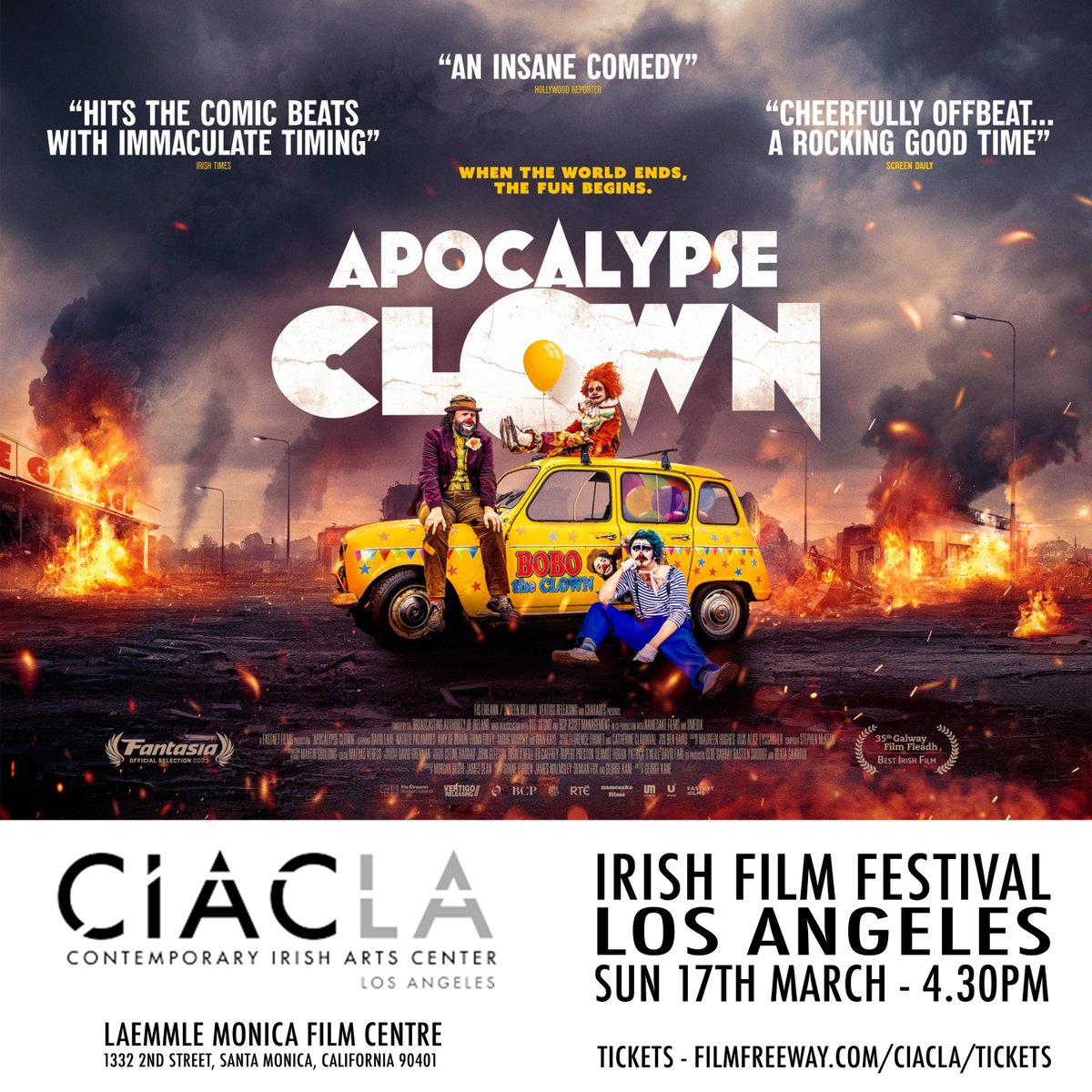OtherJamesDean's tweet photo. Apocalypse Clown is headed to LA for the @ciac.laIrish Film Festival! We’re screening at 4.30pm on St. Patrick’s Day at the @laemmletheatres Film Center in Santa Monica. Tickets now available at https://t.co/6lzGsJ02T5. See you there! 🤡🤡🤡🎬🎬🎬🤡🤡🤡 https://t.co/n77SJggEiE