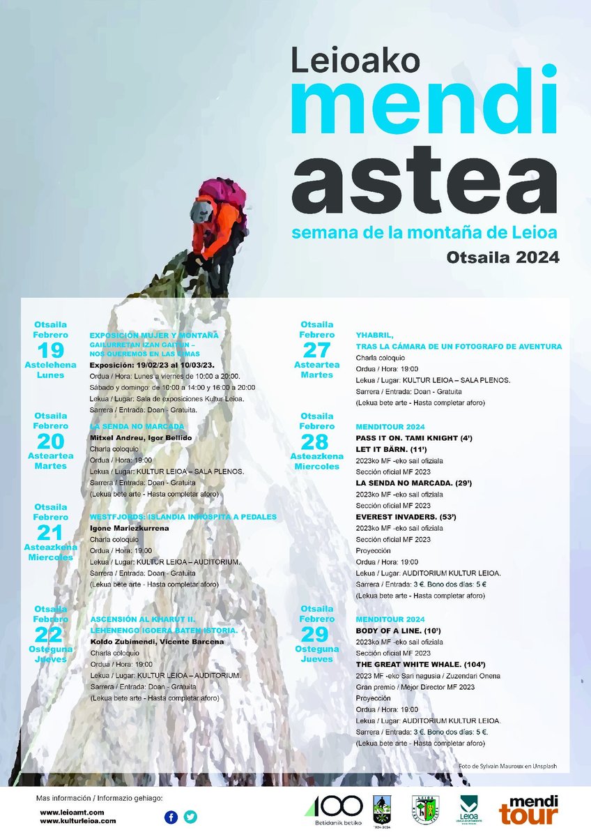 LeioaMT's tweet photo. 🧗‍♂️Leioako Mendi Astea
⛰️Semana de la Montaña de #Leioa
📍@kulturleioa
🔗https://t.co/1WqlLAhycq
🔗https://t.co/MhsjyUqIXy
🗓️19 - 29 Febrero 2023 Otsailak 19 tik
📷#MendiAstea #MendiTour @Mendifilm #Montaña #Escalada #EMMOA #EMF #FVM #Mendia #Zinema #Cine #Eventos #Agenda #Bizkaia https://t.co/b8giJcQ8lz