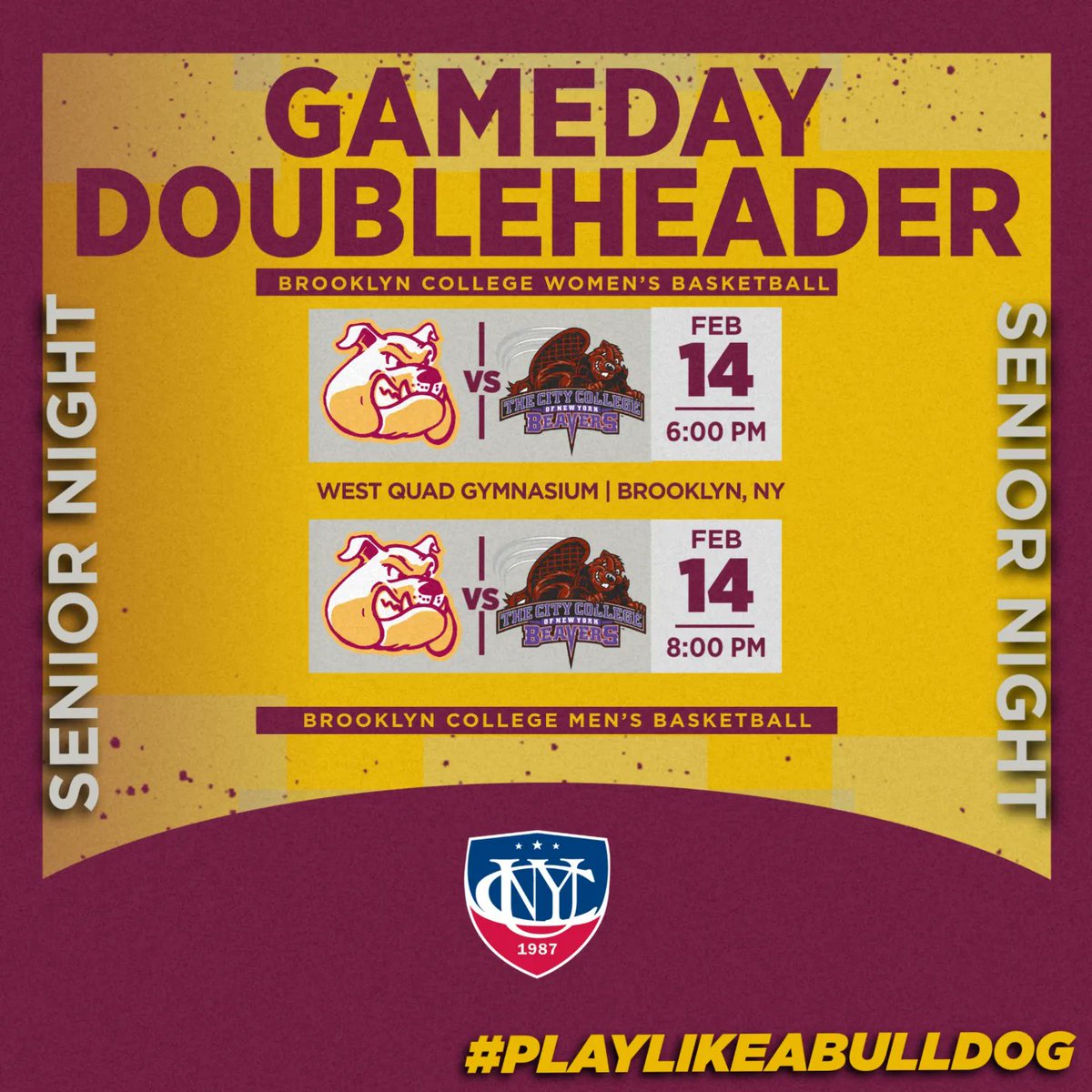 bklyn_bulldogs's tweet photo. #Gameday | 🐶🏀

It's Senior Night as #BCwbb , @brooklynmbb , and #BCcheer wrap up Regular Season in @cunyac play!

🆚@ccnysports
📍 @bklyncollege411
⌚6pm / 8pm 
📺📊https://t.co/NQeVJdKWwr 

#PlayLikeaBulldog #cunyhoops #TheCityPlaysHere #d3hoops https://t.co/5FoDGflJbO