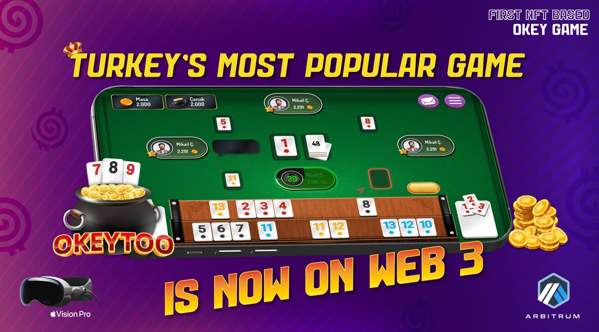 Turkey's most popular board game, 'Okey', is now on #Web3 on the Arbitrum blockchain. Check out our website and connect your wallet to play the game. Game will be available on the Google Play Store and the App Store soon. 🌐okeytoo.com For further information,