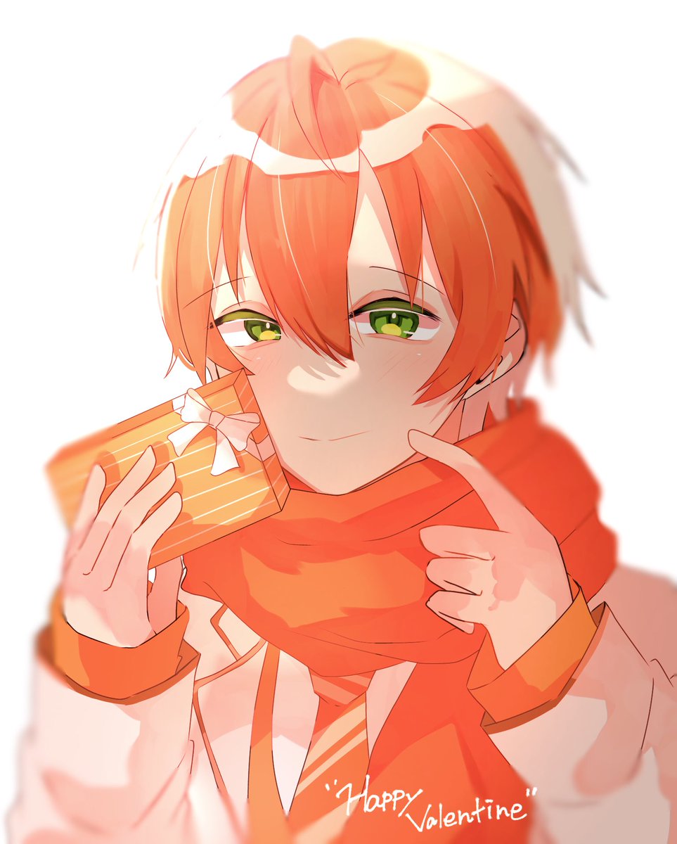 1boy male focus green eyes orange hair solo scarf smile  illustration images