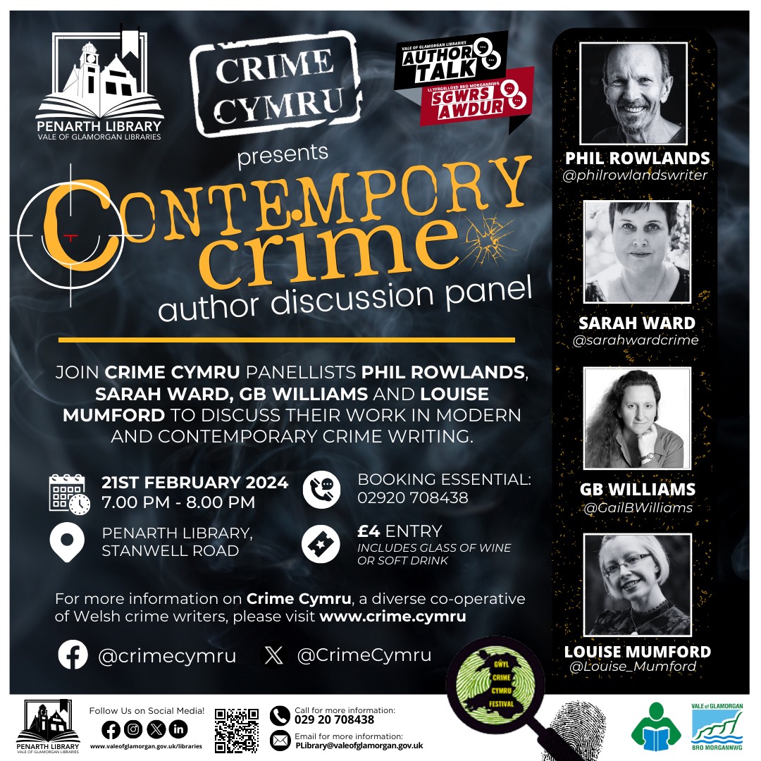 Want to see me and some of my lovely @CrimeCymru pals live in person? We'll be at Penarth Library on the 21st and we look forward to seeing you there. @PhilRowlands2 @sarahwardcrime @louise_mumford