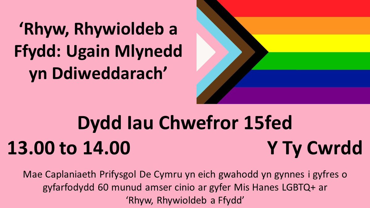 Mae Caplaniaeth Prifysgol De Cymru yn eich gwahodd yn gynnes i sesiwn olaf ei chyfres ‘Rhyw, Rhywioldeb a Ffydd: Ugain Mlynedd ymlaen’ ar ddydd Iau, 15eg Chwefror rhwng 1.00 a 2.00 yp yn y Tŷ Cwrdd ar gampws Trefforest. Ddefnyddio’r ddolen: eventbrite.co.uk/e/801422886427…