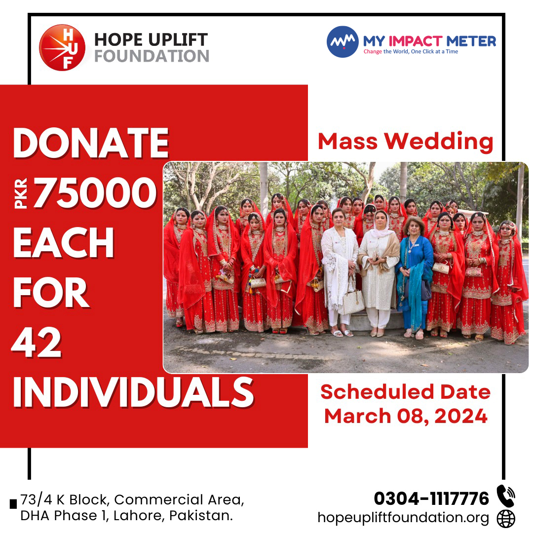 myimpactmeter's tweet photo. And we created you in pairs." ~ Quran - 78/8

"Mass Wedding" by 𝐇𝐔𝐅

 We are currently arranging funds for our upcoming "Mass Wedding" event on March 8, 2024. For this cause, we kindly request your donations to "Sponsor a Wedding (per individual) for just PKR 75,000. https://t.co/EGDV9E7fOs