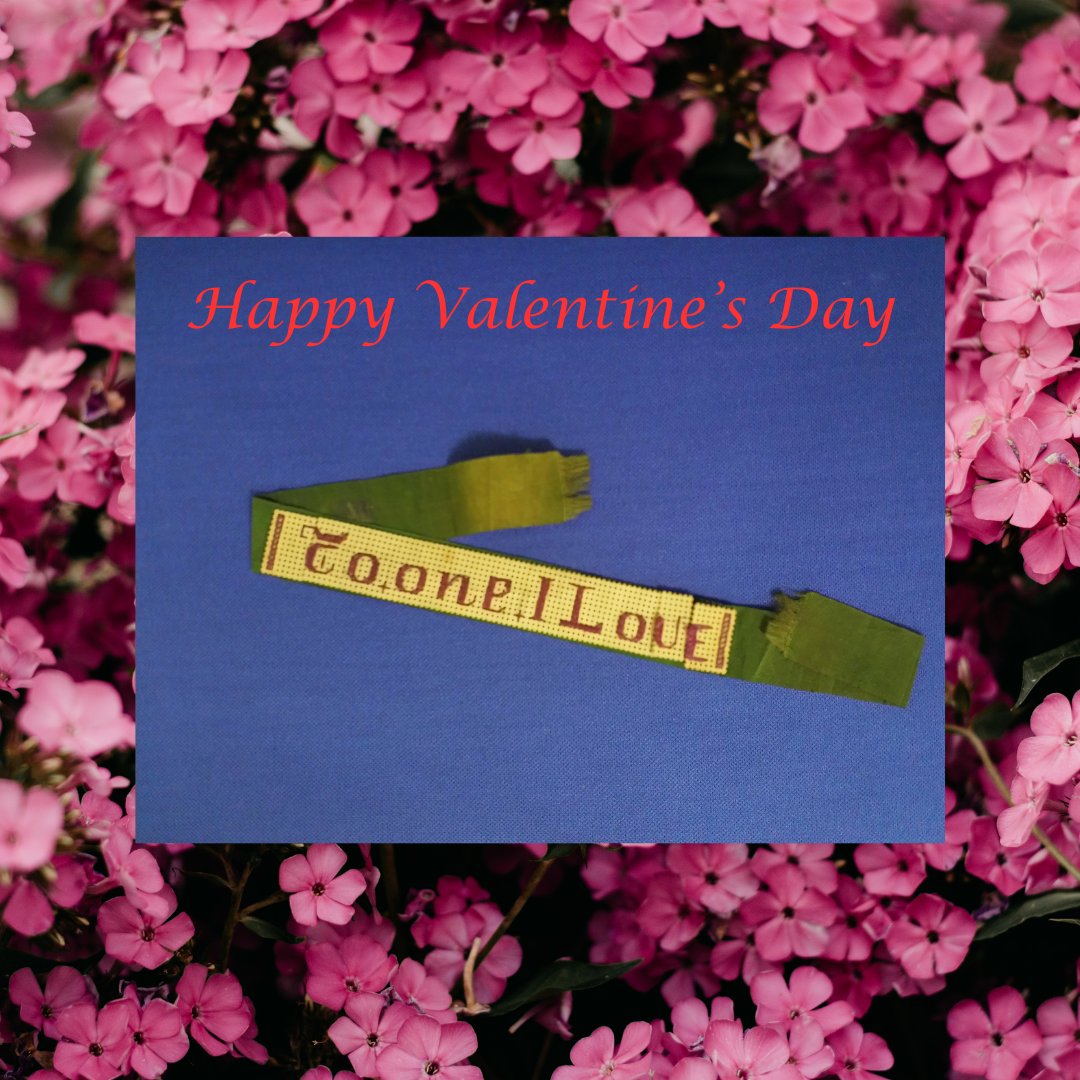 WareMuseum's tweet photo. Have you sent or received a Valentine today?
This green silk ribbon is embroidered with the message 'To one I Love'. It dates from the late 19th century and was found inside a bible which belonged to Eliza Lawrence of Kibes Lane, Ware. 
Happy #ValentinesDay!
#museums #lovetoken https://t.co/cZnj91ZEwf