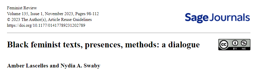FR editors Nydia Swaby and Amber Lascelles recorded a conversation – reflecting on FR’s #Blackfeminist genealogies and how Black feminist epistemologies have influenced FR as an academic journal and a space for care and continuing dialogue.
#FR135: doi.org/10.1177/014177…