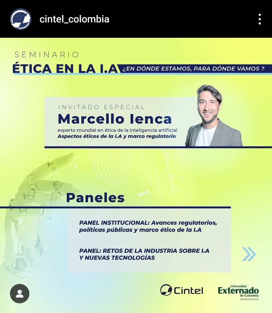 MarcelloIenca's tweet photo. Es un honor hablar hoy en @UExternado en este evento coorganizado por @CINTELColombia y apoyado por #COMPCO @ANDICOM
@MoncadaABG
Honored to speak today at @UExternado in this event coorganised by @CINTELColombia & supported by #COMPCO @ANDICOM @MoncadaABG
https://t.co/7grWePwmZB https://t.co/tHpRPKz5DO
