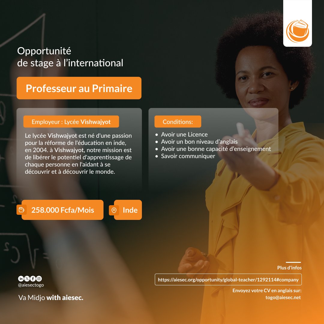 aiesecintogo's tweet photo. OPPORTUNITE DE STAGE PAYANT A SAISIR
Nous vous présentons une opportunité de stage d'enseignement au primaire en Inde.
Pour bénéficier de cette opportunité postuler ici :https://t.co/iyCxL54GCB
Pour plus d'informations: togo@aiesec.net
#vamidjo #stage #Ogxcampaign #AIESECTogo https://t.co/a1q9rEb735