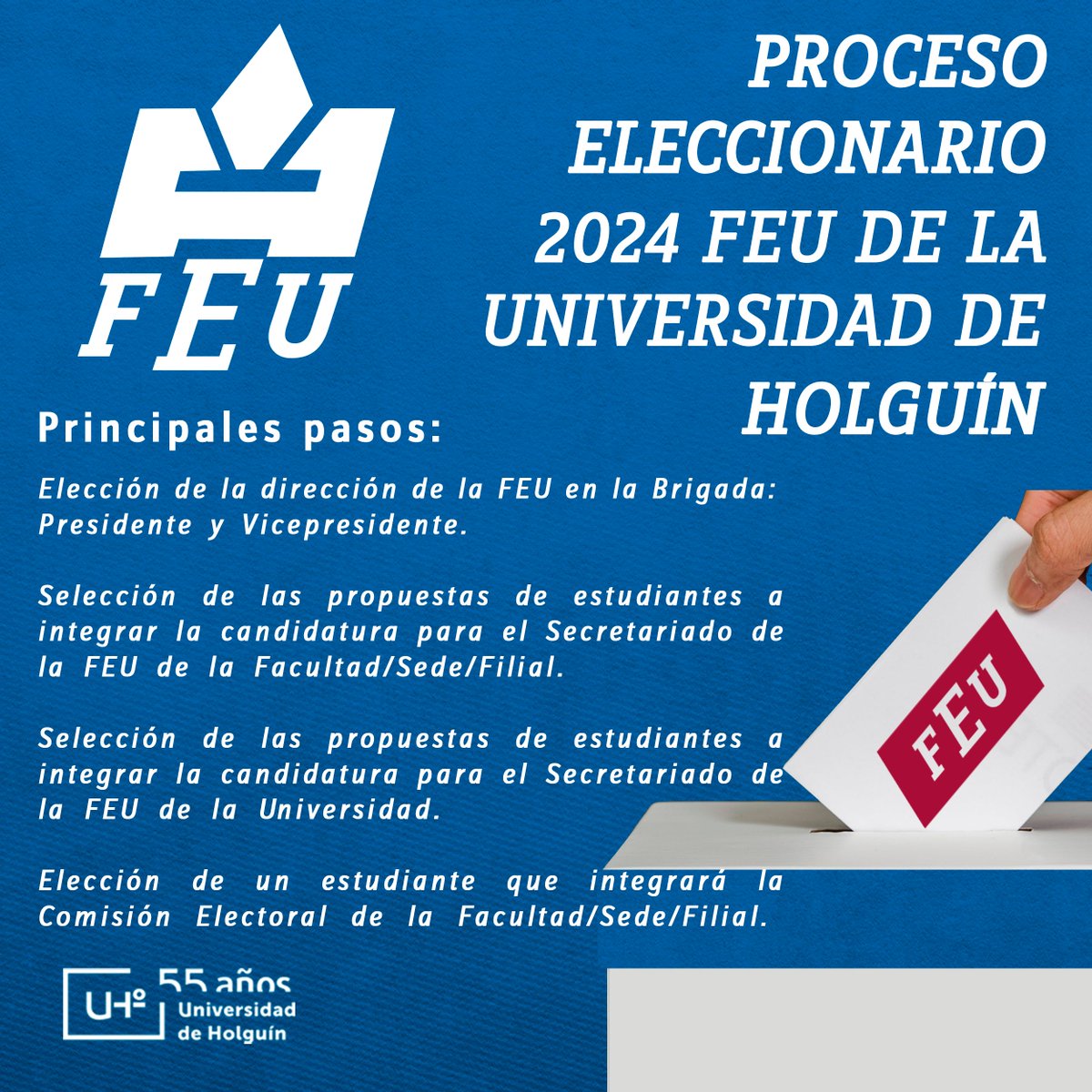 👋 Buen día 🤗 Esta semana desarrollamos el proceso eleccionario a nivel de brigada en los años continuantes. 🗓

😎 ¡Es hora de dar tu opinión y hacer que tus ideas cuenten! ✊️

<a href="/CubaMES/">MES</a> <a href="/feudecuba/">FEU UCI</a>