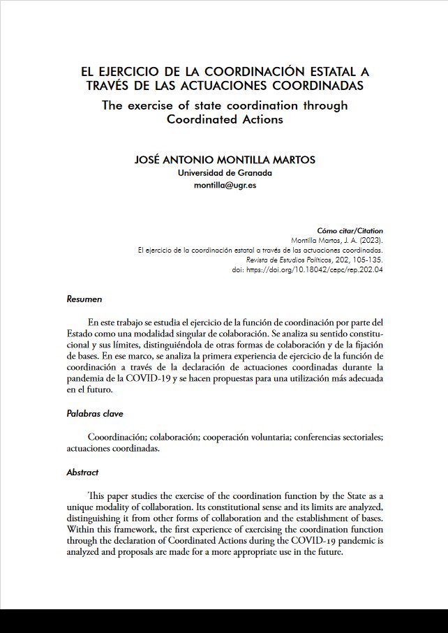 🟢" El ejercicio de la coordinación estatal a través de las actuaciones coordinadas" se publica en la #REP202
👨‍🏫Autor: JOSÉ ANTONIO MONTILLA MARTOS (<a href="/montimar66/">José Antonio Montilla</a>)
🔗Link:cepc.gob.es/publicaciones/…