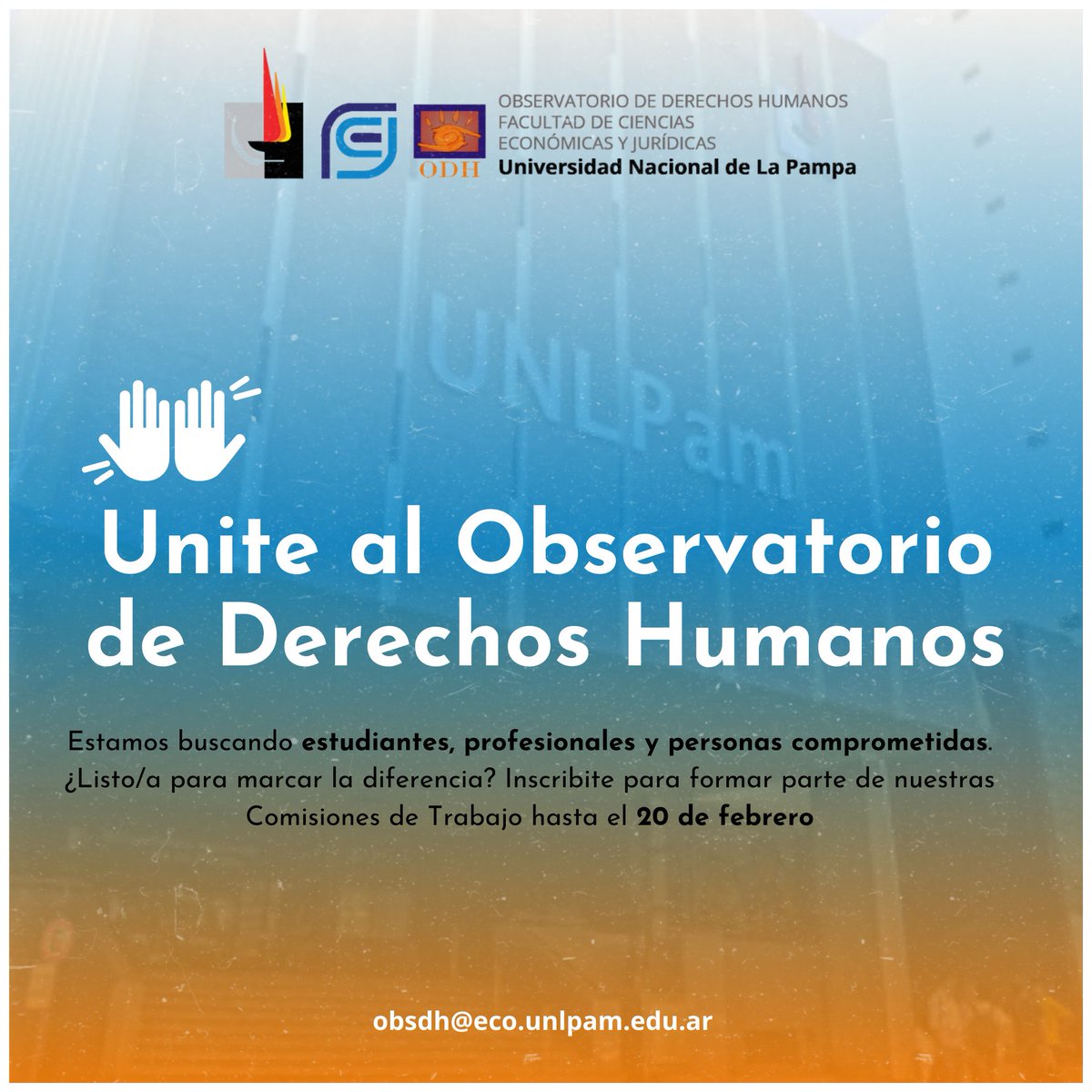 ¡Inscripción on line!
Formulario disponible en  linktr.ee/EcoJur
@unlpam_
#SomosEcoJur #ElegíSerParte
#Extensión #UNLPam #Observatorio #DerechosHumanos #DDHH