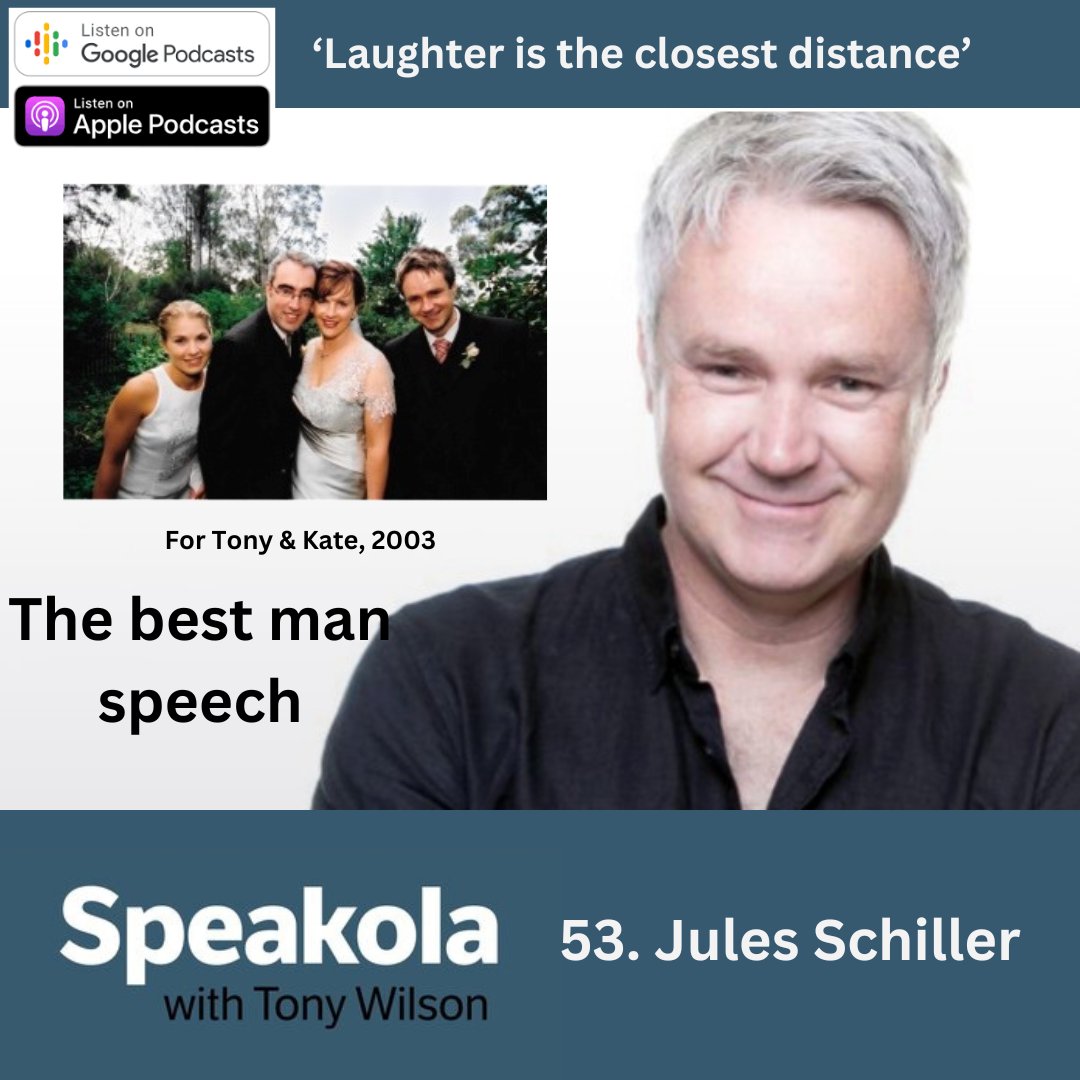 This one was released today! New episode of the Speakola podcast with ABC Adelaide breakfast host @Julesschiller, talking about his beautiful best man speech for @tonemoc and Kate Schmitt, back in 2003. He also discusses best man speeches more generally, and has some great advice