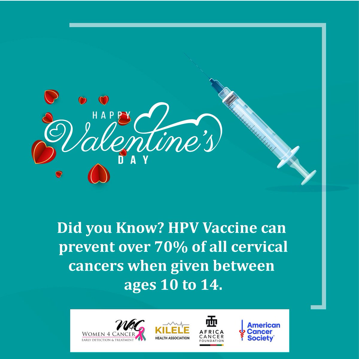 Did you know? HPV vaccine can prevent over 70% of cervical cancers when given between ages 10 to 14. Take your daughter to the nearest health facility for the free vaccine. #PreventGlobalHPVCancers #ValentinesDay