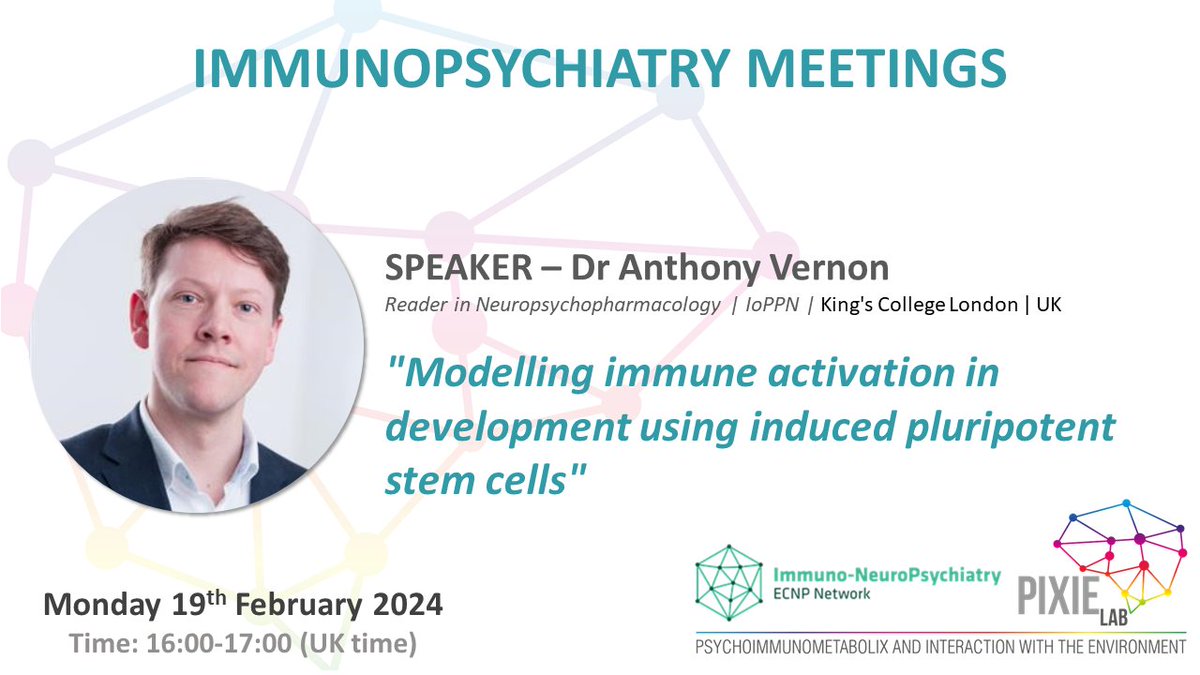 Great news! ✨We have another wonderful Immunopsychiatry Meeting planned for you...✨ Dr Anthony @VernonLab_KCL will be presenting his research in an hour-long talk, taking place on Monday 19th Feb @ 4pm (GMT) - don't miss it! 🔗link to join: bit.ly/42fS9TC