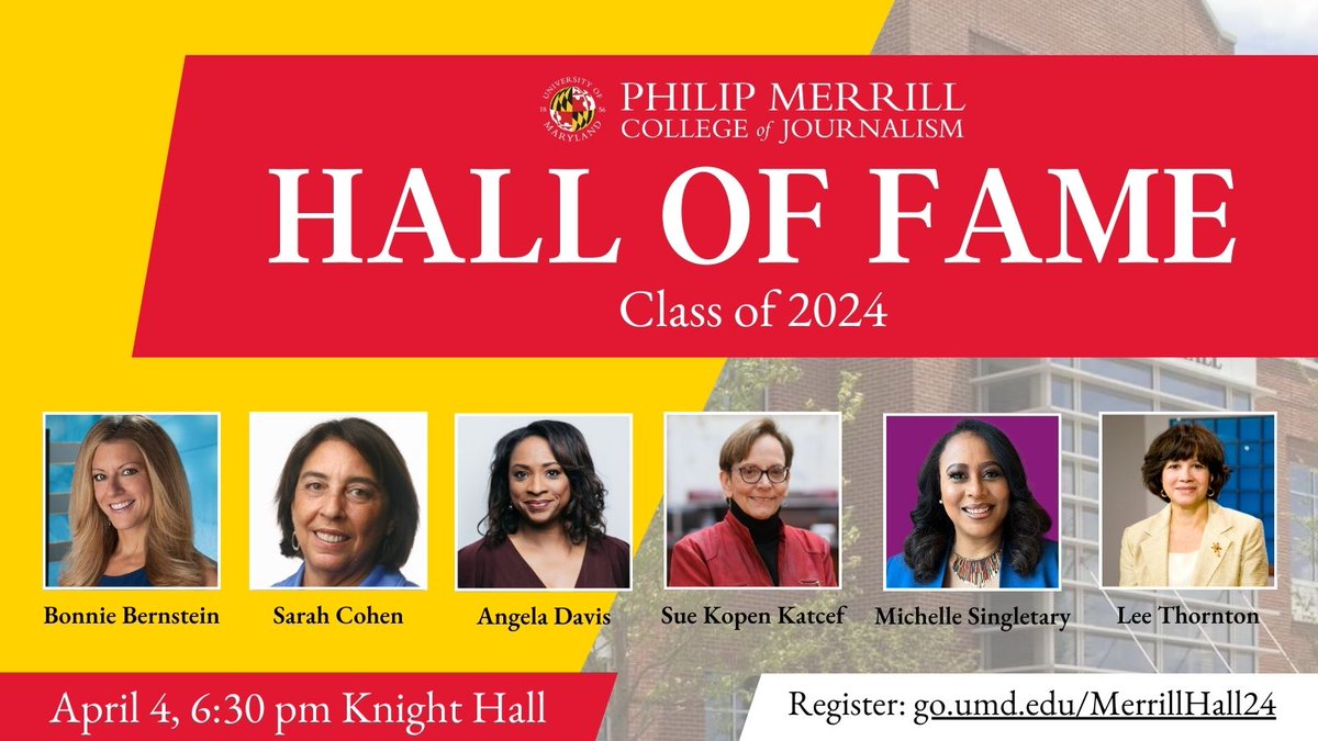 We are excited to share our all-women 2024 Hall of Fame class: alums Bonnie Bernstein ’92, Sarah Cohen ’92, Angela Davis ’90, Sue Kopen Katcef ’76 and Michelle Singletary ’84 (RTVF), and faculty honoree Dr. Lee Thornton. Congratulations to all! MORE: merrill.umd.edu/articles/merri…