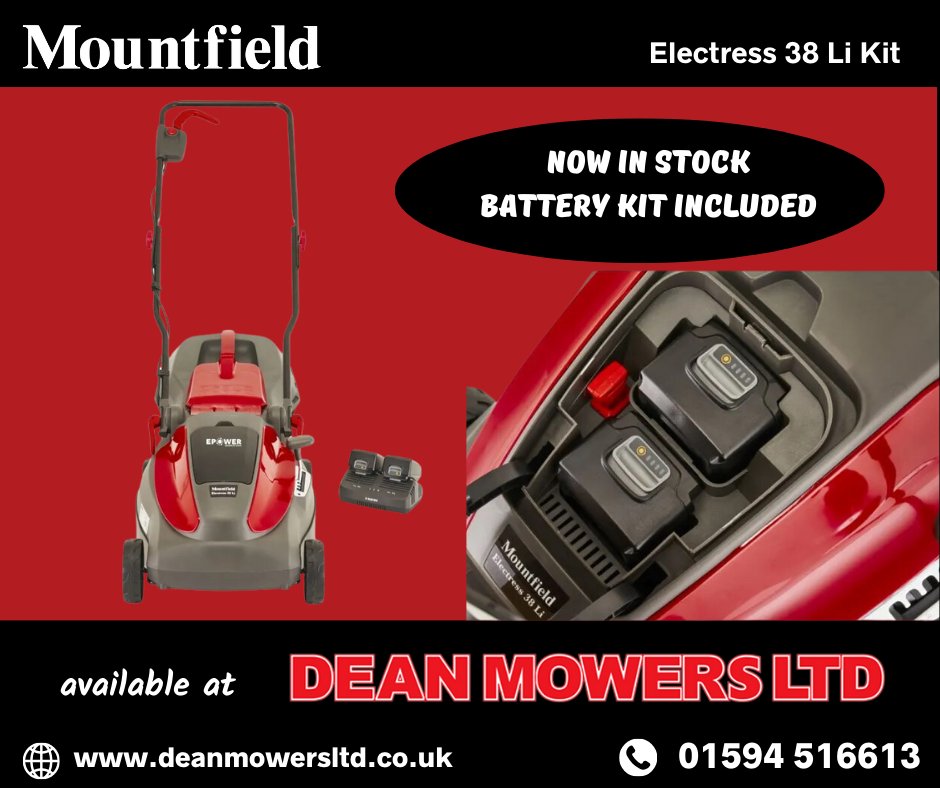 #Didyouknow that Dean Mowers is your local authorised @MountfieldMower dealer?
In our showroom now is the Electress 38 Li - it's the largest battery mower in the freedom100 range. 
With a 5-year warranty (T&C's apply) & a battery kit included, this mower is a real winner!