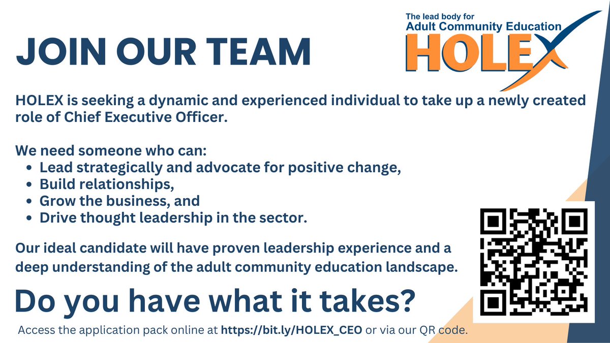 Exciting Opportunity at HOLEX! Join us in leading innovation in adult education. Apply for the CEO role now! bit.ly/HOLEXJob #HOLEX #EducationInnovation #JobOpportunity #SpeakUp4AdultEd