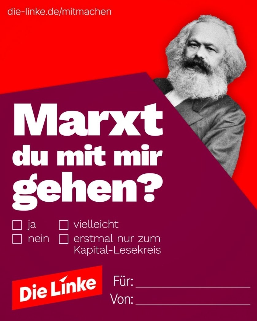 Valentinstag, aber richtig: Mit unserer Karte bringst Du das Herz deines Schwarms zum Schmelzen.

Bist du bereit für den nächsten Schritt mit mir? 😍 Jetzt mitmachen, einmischen, eintreten! 👉 die-linke.de/mitmachen

Deine Linke