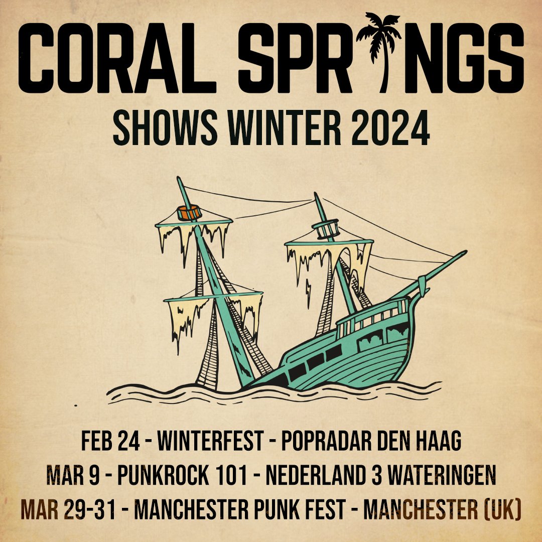 CoralSpringsNL's tweet image. We're playing some shows in February and March! Stoked to return to Popradar for Winterfest, can't wait to get stupid in Nederland 3 for Punkrock 101 and are absolutely buzzing to play with an amazing line-up of heroes and pals at Manchester Punk Fest! See you at the front!