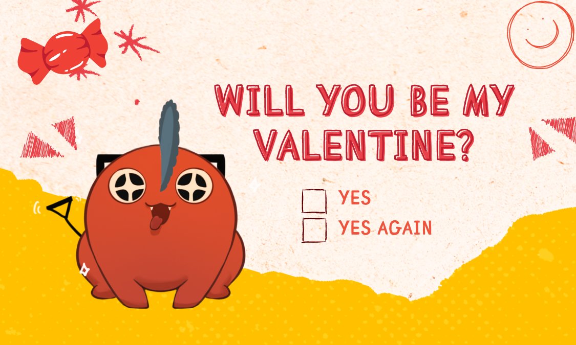 Love is in the air today and Pochita has something he wants to ask... (P.S. he won't take no for an answer) ♥ 

As a Valentines treat from our team to you~ Use this Pochita card this Valentines day, no one can resist his adorable smile and that little blep! ✨
