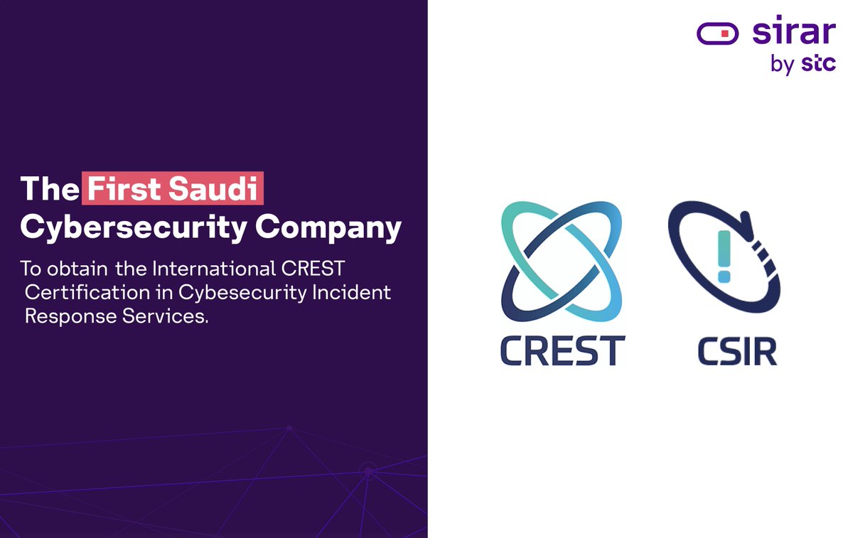sirar_bystc's tweet photo. We are thrilled at #sirar to be CREST certified in Cybersecurity Incident Response Services. As the first Saudi cybersecurity company to attain this prestigious accreditation in EMEA.
#Cybersecurity_in_excellence https://t.co/jP0B2670JB