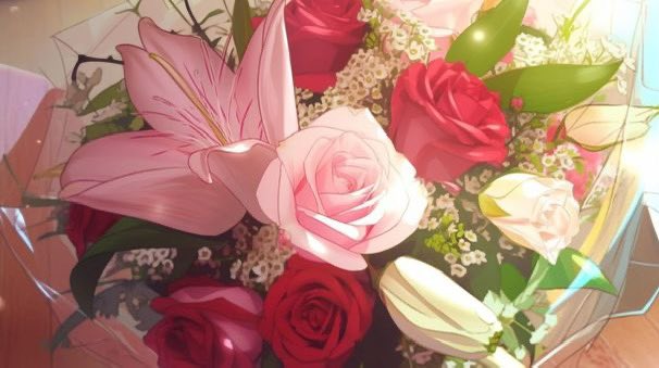 SkyWalkCook's tweet photo. “Happy Valentine’s Day Rangiku-Chan!!!” 

Dashes over with a bouquet of roses. 
With a large bottle of homemade sake of course. https://t.co/8SLB5fjQUo