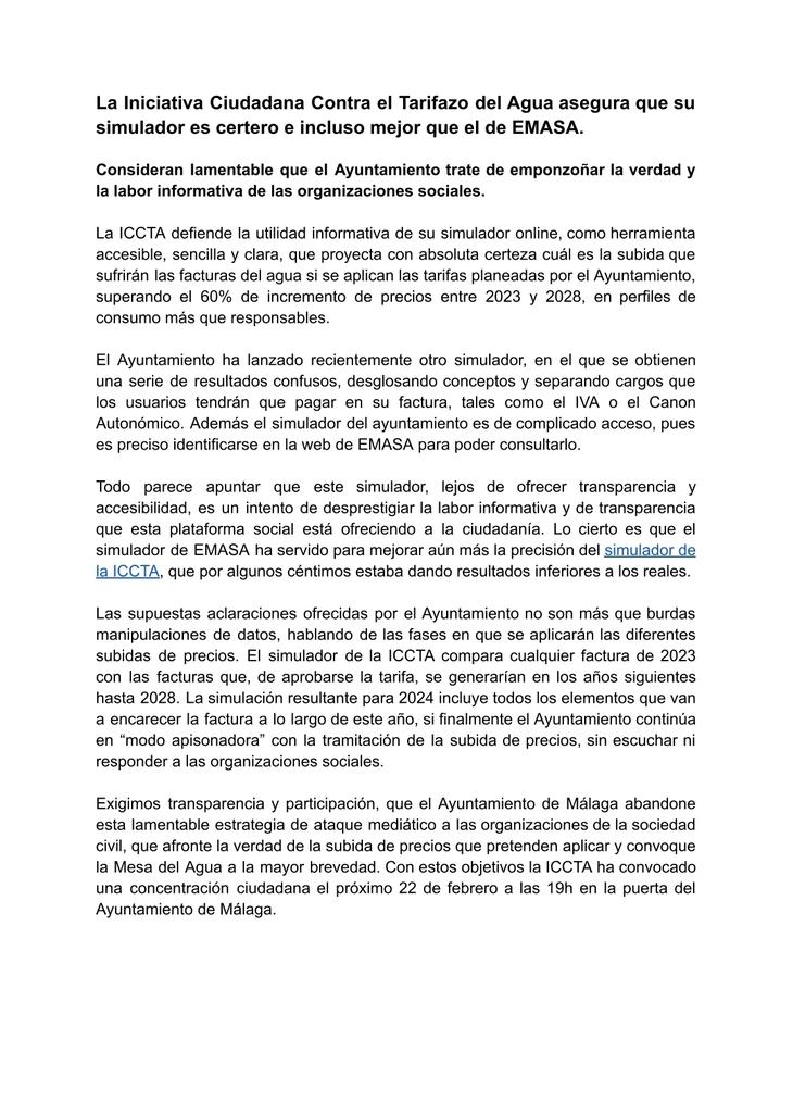 TarifazoNO's tweet photo. La ICCTA defiende la utilidad informativa de su simulador online, como herramienta
accesible, sencilla y clara, que proyecta con absoluta certeza cuál es la subida que
sufrirán las facturas del agua si se aplican las tarifas planeadas por el Ayuntamiento.
👇Comunicado completo. https://t.co/HRChB4weXw