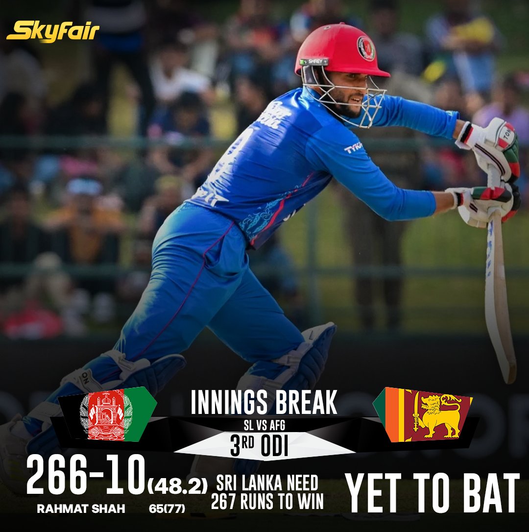 Afghanistan post 266, hampered by untimely wickets. Sri Lanka's spinners shine, setting up a challenging chase.

#SLvAFG #Cricket #ODI #SrilankaCricket #AfghanistanCricket #SkyFair