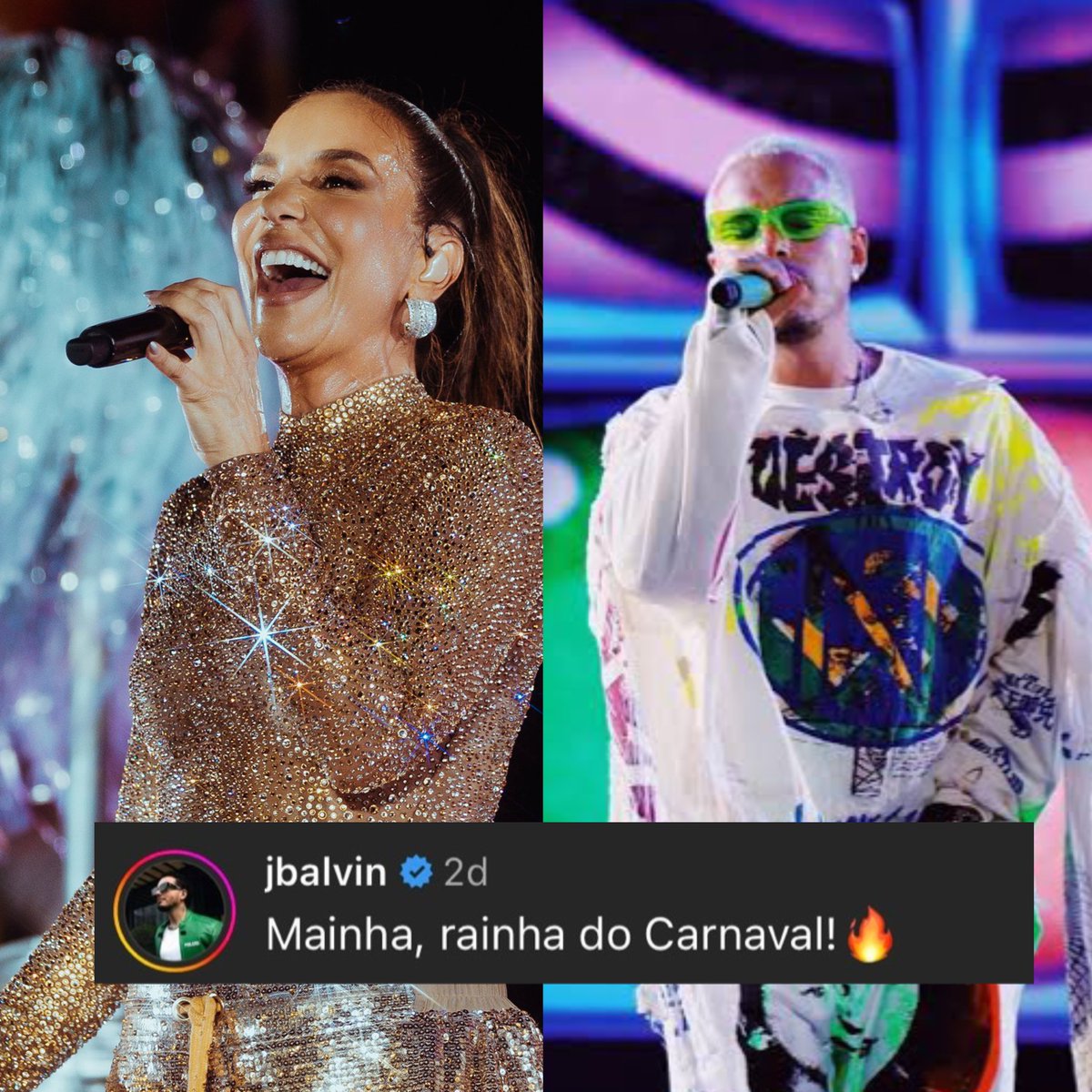 J Balvin comenta em publicação de Ivete Sangalo: “Mainha, rainha do carnaval!”