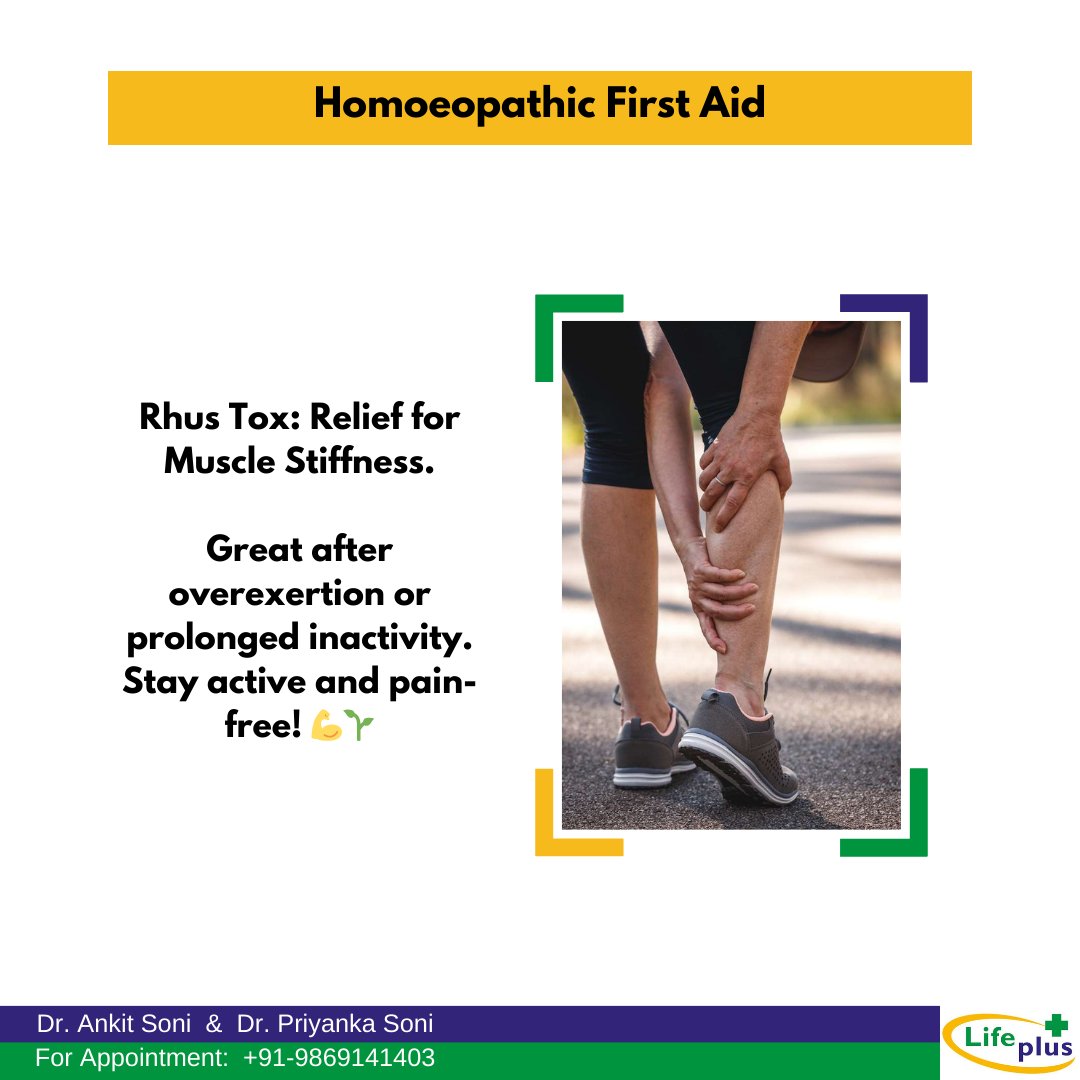 ahsoni1986's tweet photo. Homoeopathic First Aid

Rhus Tox: Relief for Muscle Stiffness. Great after overexertion or prolonged inactivity. Stay active and pain-free! 💪🌱

 #lifeplushomoeopathyclinic #rhustoxicodendron #rhustox #musclecramp #stiffness #homeopathy https://t.co/pWt7GIZzT1