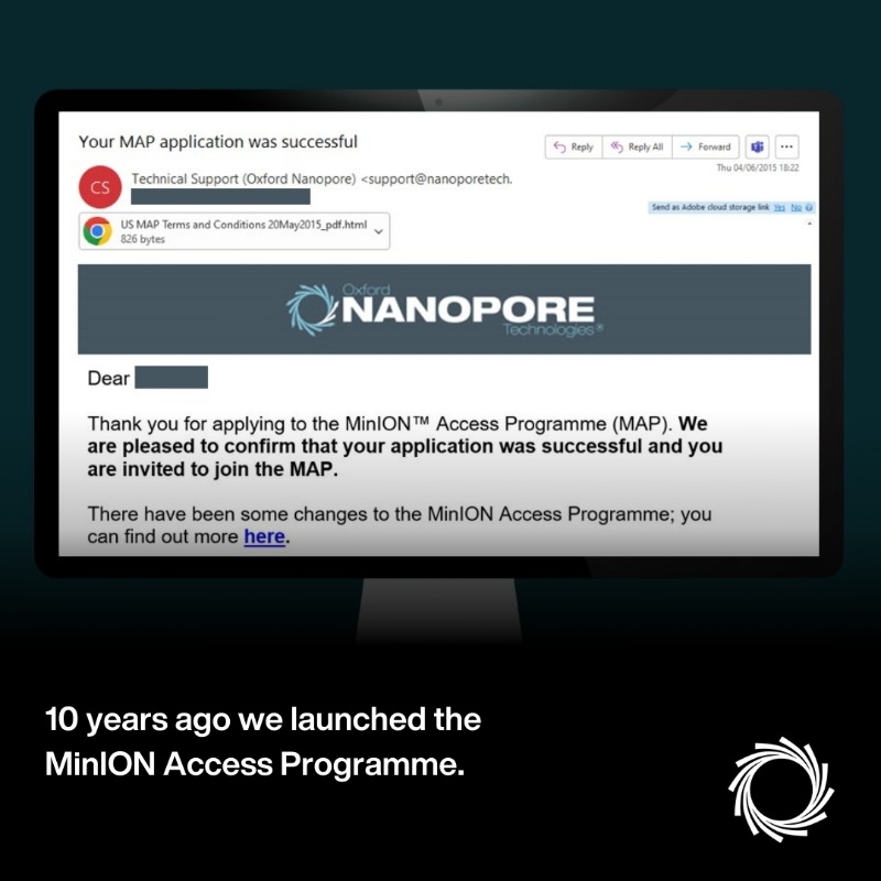 nanopore's tweet photo. Today marks #10yearsON from the MinION Access Programme launch. 

After a decade of innovation (yours and ours), we'd love to hear your ambitions for the next 10 years of distributed sequencing.

Learn more about MinION: https://t.co/xQxHi9fmSG