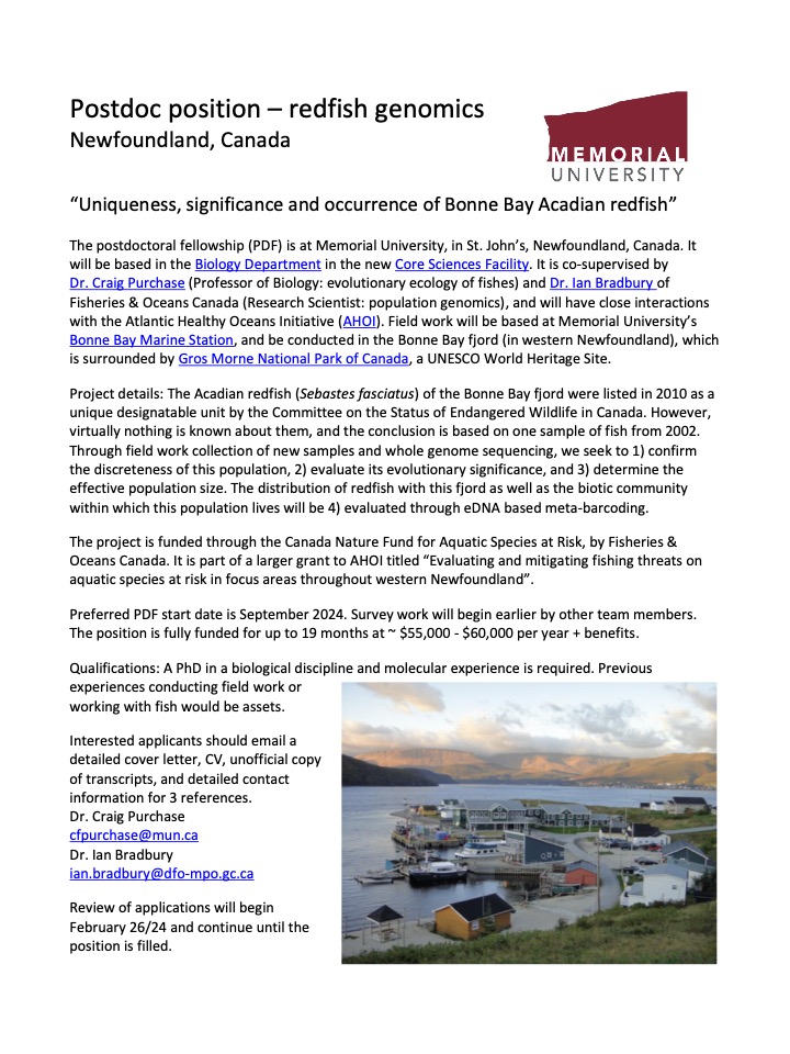 I have a new postdoc position @MemorialUSci to work on Acadian redfish genomics, in collaboration with Ian Bradbury of DFO. Details below. Please RT @scas_scsa @AmFisheriesSoc @TheFSBI @CARSAFS #postdoc