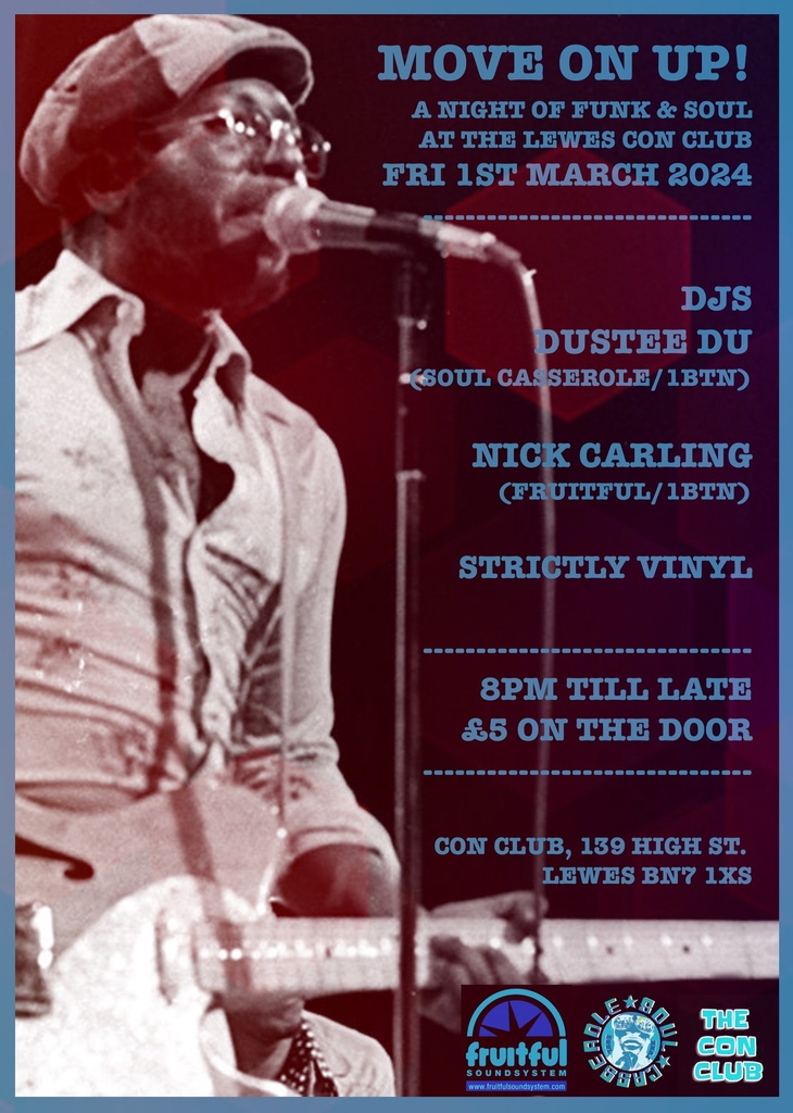 SoulCasserole's tweet photo. Move On Up! - a night of Funk &amp; Soul. DJs Dustee Du (Soul Casserole/1BTN) and Nick Carling (Fruitful/1BTN) play a selction of Funk &amp; Soul bangers all night long. Strictly vinyl. £5 on the door. 8pm start. Bring your finest dancing shoes!

Link: https://t.co/pJ35VpL6w0
@followers https://t.co/V52WkJE5RB