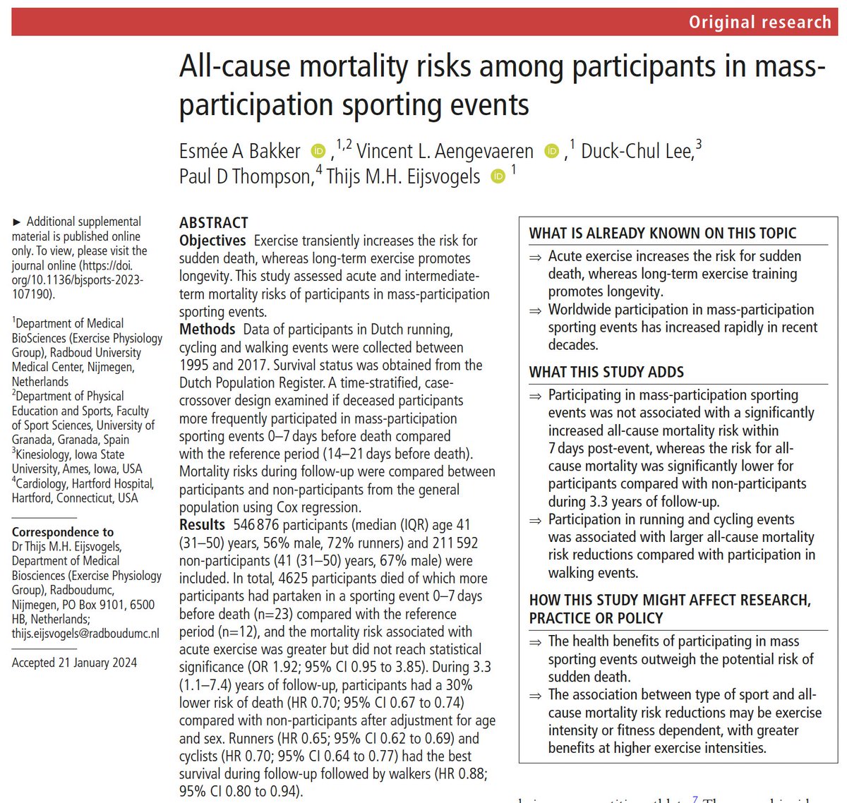 A tweetorial on our latest paper, led by @EsmeeBakker__ , now published @BJSM_BMJ 🎉 . We assessed #acute and #long-term #mortality risks among #participants in mass-participation #sporting #events. Full paper via: bjsm.bmj.com/content/early/…
